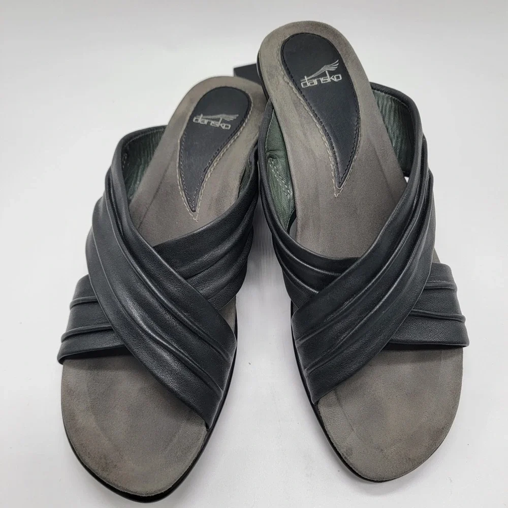 Dansko Avalon Black Leather Crisscross Wedge Sandals Women's  Sz 6.5 US / 37 EU